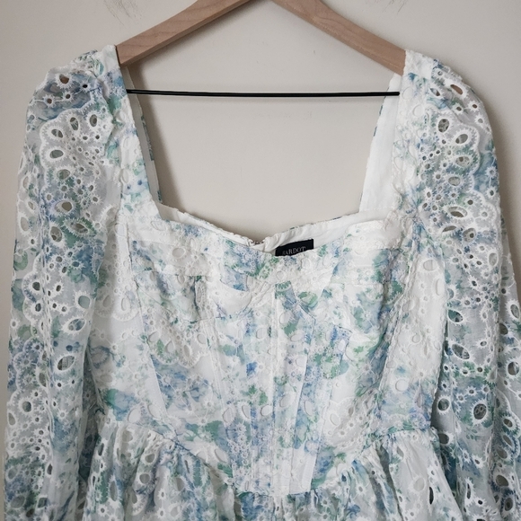 Bardot | Lila Flounce Eyelet Long Sleeve Mini Dress in Water Floral - Sz L/US 8 - Picture 4 of 13